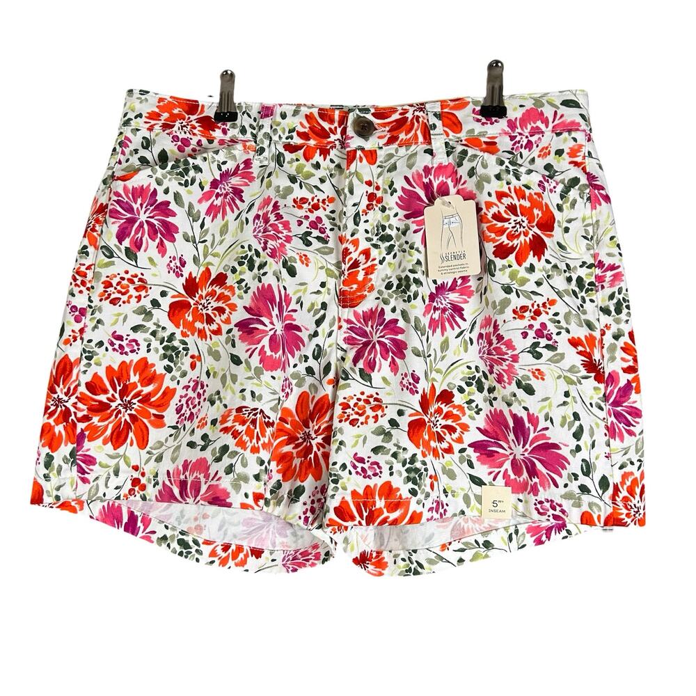St John's Bay Chino Shorts Women Sz 12 White Red Multi Floral Easy Fit Mid Rise